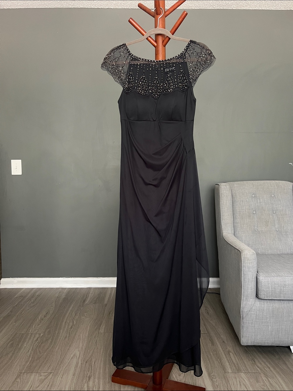Black Beaded Cap-Sleeve Maxi Dress